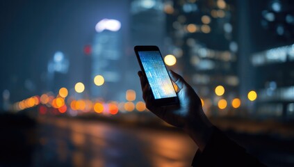 Night city navigation, hand holding phone, blurred cityscape. Possible use travel blog or social media post