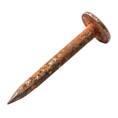 Close up of a single rusty metal nail with a wide head isolated on transparent background