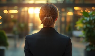 Businesswoman in a suit, captured from the back, reflecting on the challenges and opportunities in the corporate world, highlighting the unique responsibilities in leadership, Generative AI