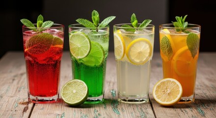 Fototapeta premium Four colorful cocktails with citrus and mint on a wooden surface