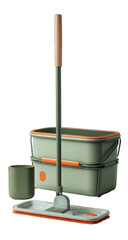 A set of a green and orange cleaning mop and bucket