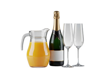 A transparent glass pitcher with vibrant orange juice & condensation, elegant dark champagne bottle, two sparkling crystal flutes on transparent studio background, concept of elegant mimosa brunch
