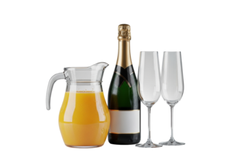 A transparent glass pitcher with vibrant orange juice & condensation, elegant dark champagne bottle, two sparkling crystal flutes on transparent studio background, concept of elegant mimosa brunch