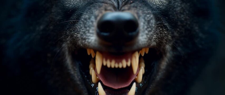 Anamorphic video powerful and intense close-up of a black wolf snarling, revealing its sharp fangs.