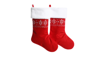 Pair of red Christmas stockings with white cuffs, isolated on transparent background, festive tradition