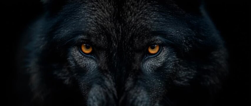 Anamorphic video powerful and intense close-up of a black wolf snarling, revealing its sharp fangs.