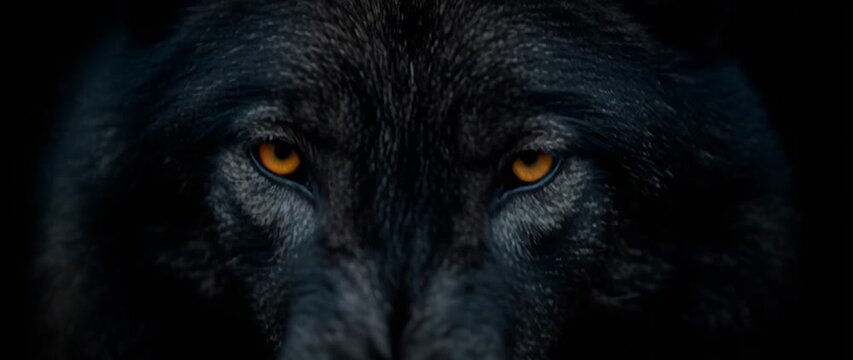 Anamorphic video powerful and intense close-up of a black wolf snarling, revealing its sharp fangs.