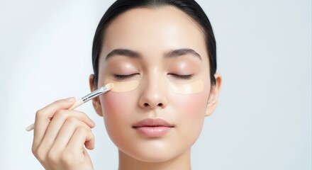 Woman Applying Concealer Under Eyes with Brush | Beauty Treatment for Skincare and Cosmetic Marketing