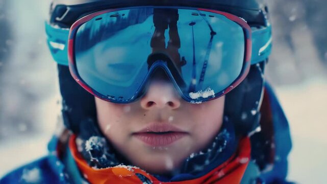 Child wearing ski gear and googles looking at camera with snow falling in front of eyes.