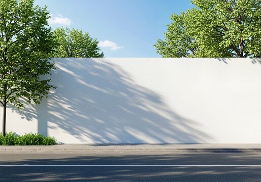 landscape with trees and blue sky, Empty white hoarding stands on city street. Green trees border structure. Sunny day on urban roadside. Blank billboard with mock-up area. Ideal for advertising. Mode