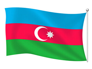 Naklejka premium Azerbaijan National Flag Waving in Wind with Crescent and Star Visible, Front View, Transparent PNG