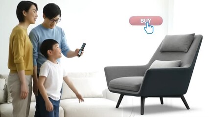 A happy Asian family uses a smartphone app to customize and buy a new armchair with augmented reality in their living room - Powered by Adobe