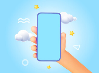 Cute cartoon hand holding mobile smart phone. 3d smartphone empty screen Modern mockup. Vector illustration