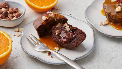 Chocolate cake with orange sauce
