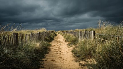 Dramatic cloudy sky over a sandy path through coastal dunes and weathered fences