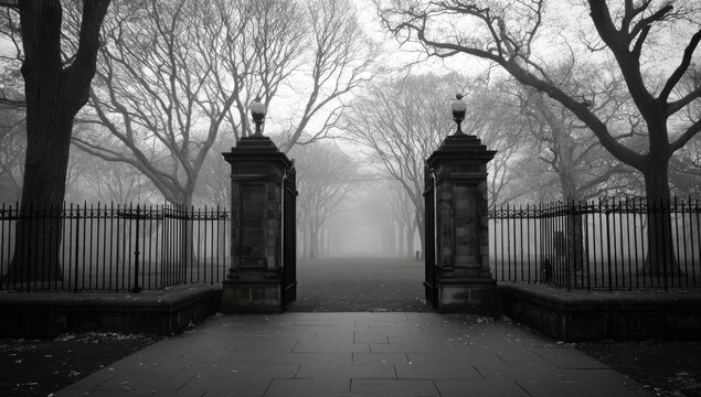 Foggy park entrance with stone gates and wrought iron fence