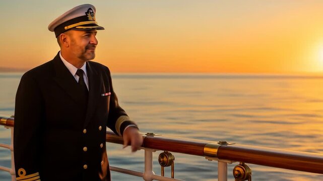 Ship Captain at Sunset on Deck, Ocean Voyage Portrait of Maritime Professional at Sunset at Sea