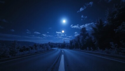 night scene, winding two-lane asphalt road, dense green forest, visible mud and dust, bright moonlight, glowing full moon, scattered clouds, bluish light, infrared spectrum, otherworldly appearance