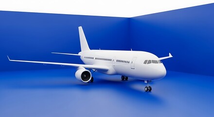 a blank, white passenger jet resting on its landing gear inside a minimalist studio space with a solid blue floor and walls