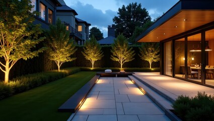 A modern, contemporary garden patio at twilight, illuminated by warm, ambient lighting, showcases a sophisticated outdoor living space.