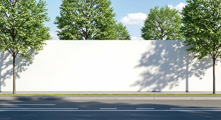Naklejka premium blank billboard on the road, Empty white hoarding stands on city street. Green trees border structure. Sunny day on urban roadside. Blank billboard with mock-up area. Ideal for advertising. Modern urb