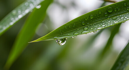 Obraz premium Suspended Jewel A Glistening Raindrop Poised on a Lush Bamboo Leaf Tip. close up