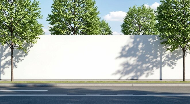 blank billboard on the road, Empty white hoarding stands on city street. Green trees border structure. Sunny day on urban roadside. Blank billboard with mock-up area. Ideal for advertising. Modern urb