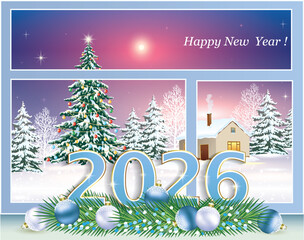 Happy New Year 2026. Christmas tree on the background of night snowy winter landscape outside the window. Vector design card of date 2026 on window with fir branches, balls and confetti.