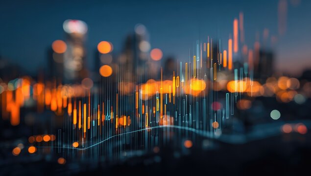 Financial data visualization over a city skyline at night