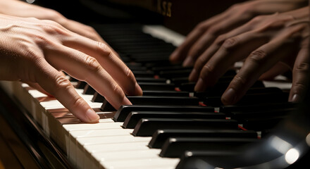 Obraz premium Symphony of Four Hands An Intimate and Dramatic CloseUp of a Piano Duet. close up