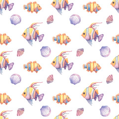 Yellow striped fish, violet shells, and floating bubbles in a watercolor seamless pattern. Aquatic life clipart Great for textile design, kids room prints, wall decals, and scrapbook paper