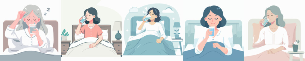 Modern Flat Woman Drinking Water Before Sleep in the Bedroom Illustration