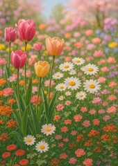 Fototapeta premium Vibrant spring floral garden illustration.