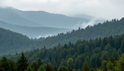 Misty Evergreen Forest with Rolling Hills and Fog