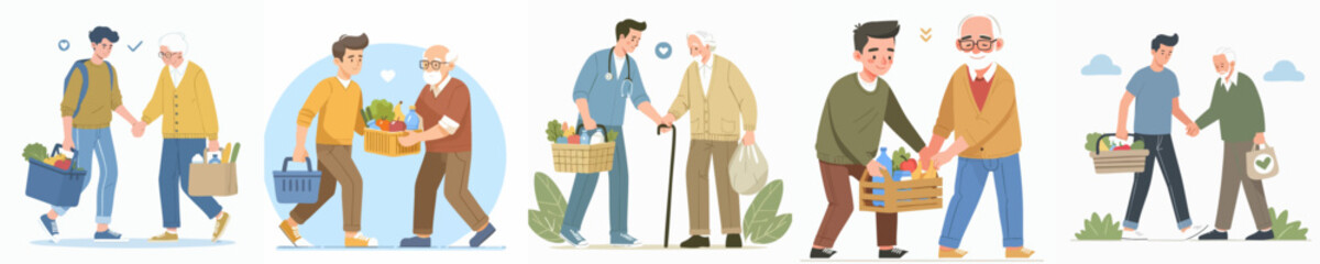 Modern Flat Illustration of Young Man Helping Senior Man Shopping Set