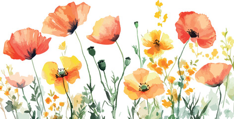 Vibrant watercolor painting of red and orange poppies blooming in a sunny meadow with delicate green stems