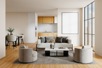 Spacious Living Room with Large Vertical Poster Frame on Wall – Contemporary Interior Mockup with Sofa and Armchairs
