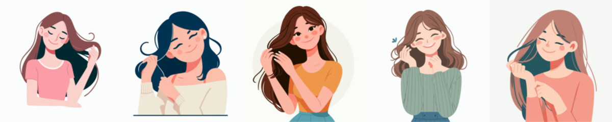 Charming Cartoon Style Woman Touching Hair Flat Illustration Icon Set