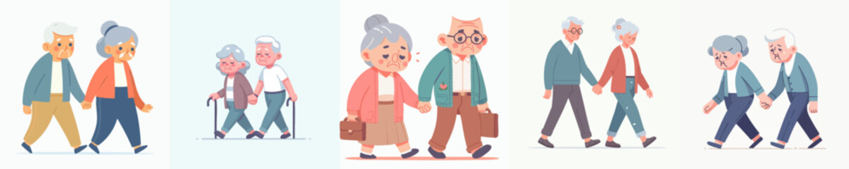 Adorable Handdrawn Couple Illustration Walking Together Enjoying Retirement Life Graphic Design