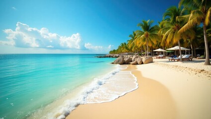 A pristine, tropical beach scene boasts azure water, soft white sand, and lush palm trees under a vibrant blue sky.
