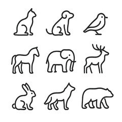 Animal Silhouette Icons. Outline icon set of silhouette animals: cat, dog, bird, horse, elephant, deer, rabbit, wolf, bear. [Line