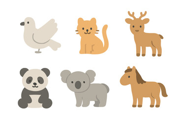 Animal Icons Grid. Flat vector mini-illustrations neutral animals in colors children's illustrations: dove, cat, rabbit, deer,