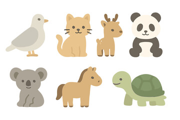 Fototapeta premium Animal Icons Grid. Flat vector mini-illustrations neutral animals in colors children's illustrations: dove, cat, rabbit, deer,