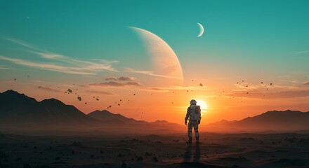 Lone Astronaut on Exoplanet Contemplating Sunset Giant Planet and Lunar Satellite Cosmic Exploration and Space Travel Concept
