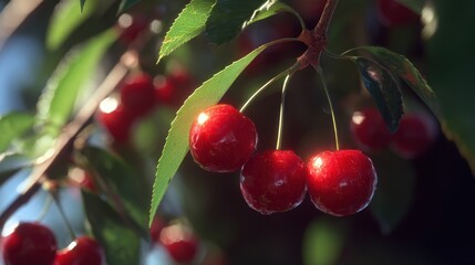 Obraz premium A trio of bright red cherries hanging from a branch, surrounded by lush green leaves, illuminated by sunlight and promising a sweet taste.