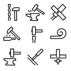 Fototapeta premium Blacksmith Technique Icons. Outline icon set of blacksmith metalworking techniques: twisting, punching, riveting, drawing out,