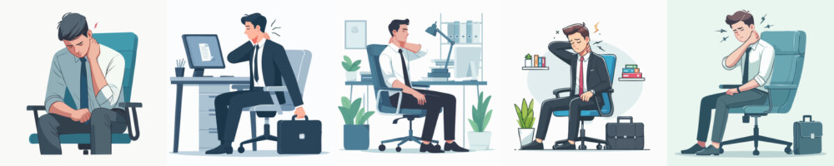 Flat Illustration Set Of Overworked Office Worker Sitting on the Chair