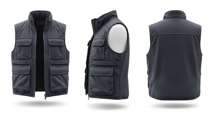 Versatile Charcoal-Gray Men's Vest with Multiple Pockets Front, Side, and Back Views