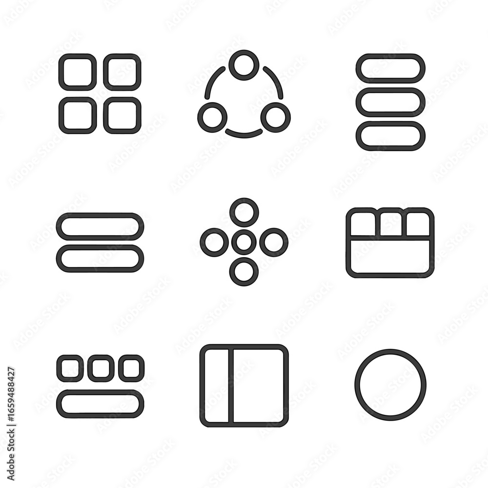 Poster button icons collection. outline icon set of button layouts: grid buttons, circular menu, vertical s