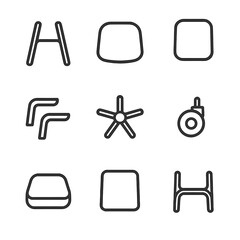 Chair Parts Icons. Outline icon set of chair parts: legs, seat, backrest, armrests, base, wheels, cushion, frame, supports. Line